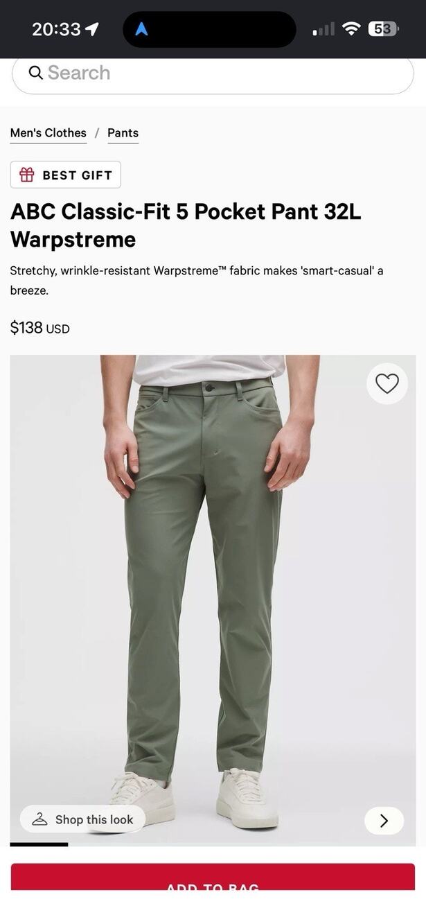 Lululemon men's size 32 ABC Classic-Fit Pant 30" Warpstreme Army green solid
